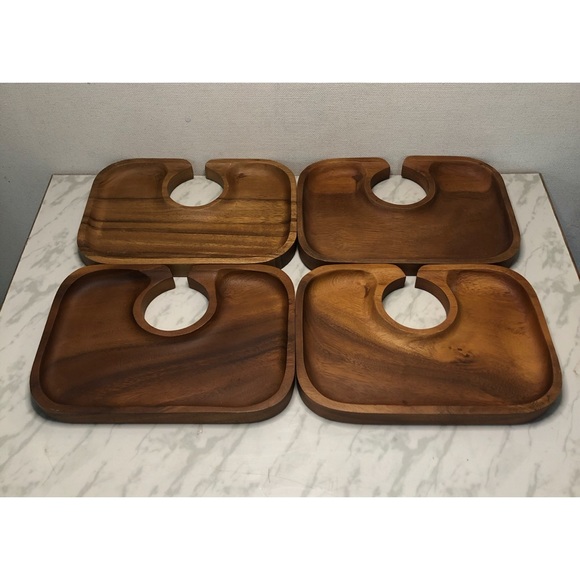Set of 4 Teak Wood WINE & DINE PLATTERS TRAY - Picture 3 of 9
